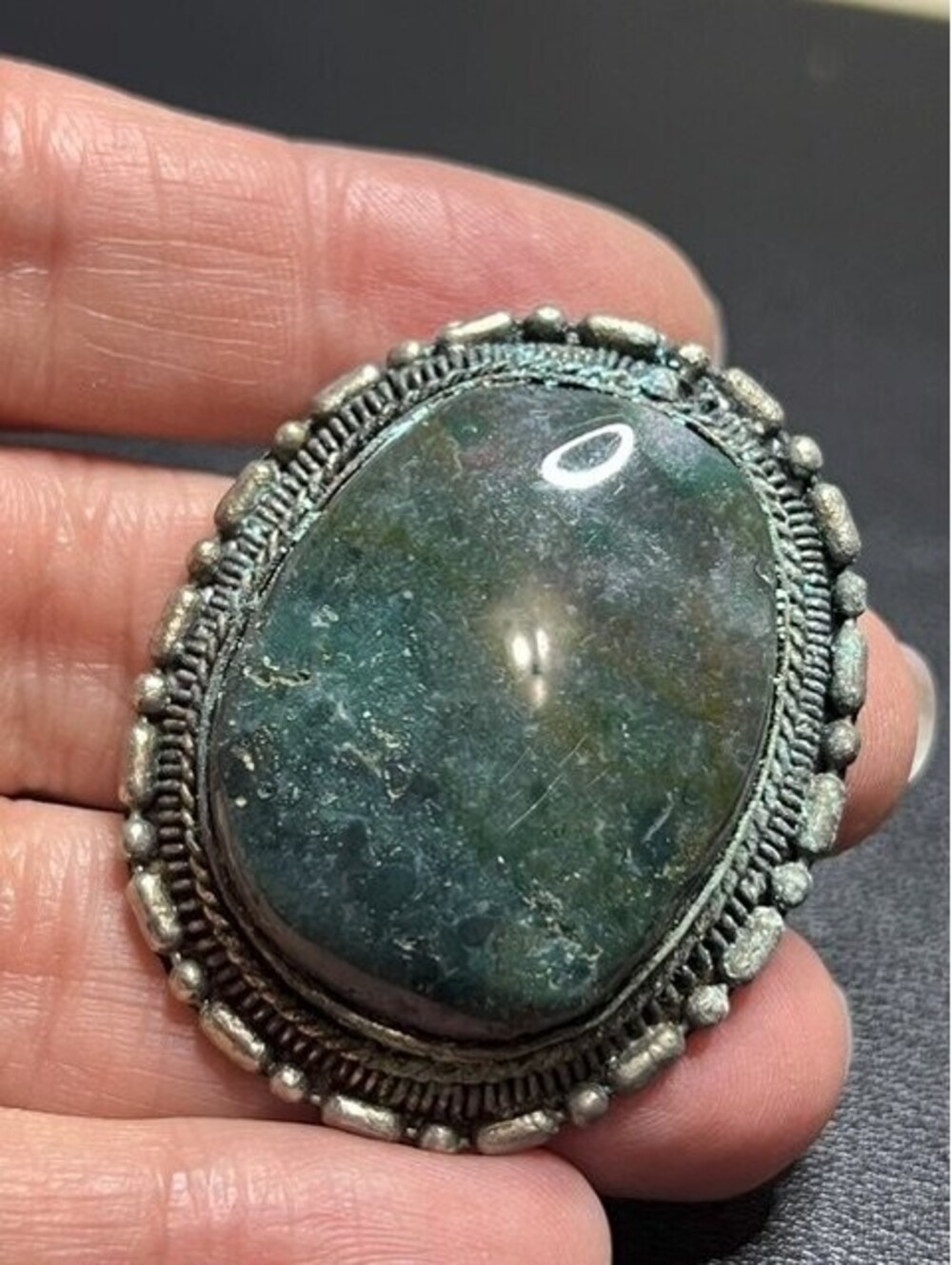 B7405 Vintage verdigris Moss Agate Oval Cabochon Pendant Silver Tone Bohemian